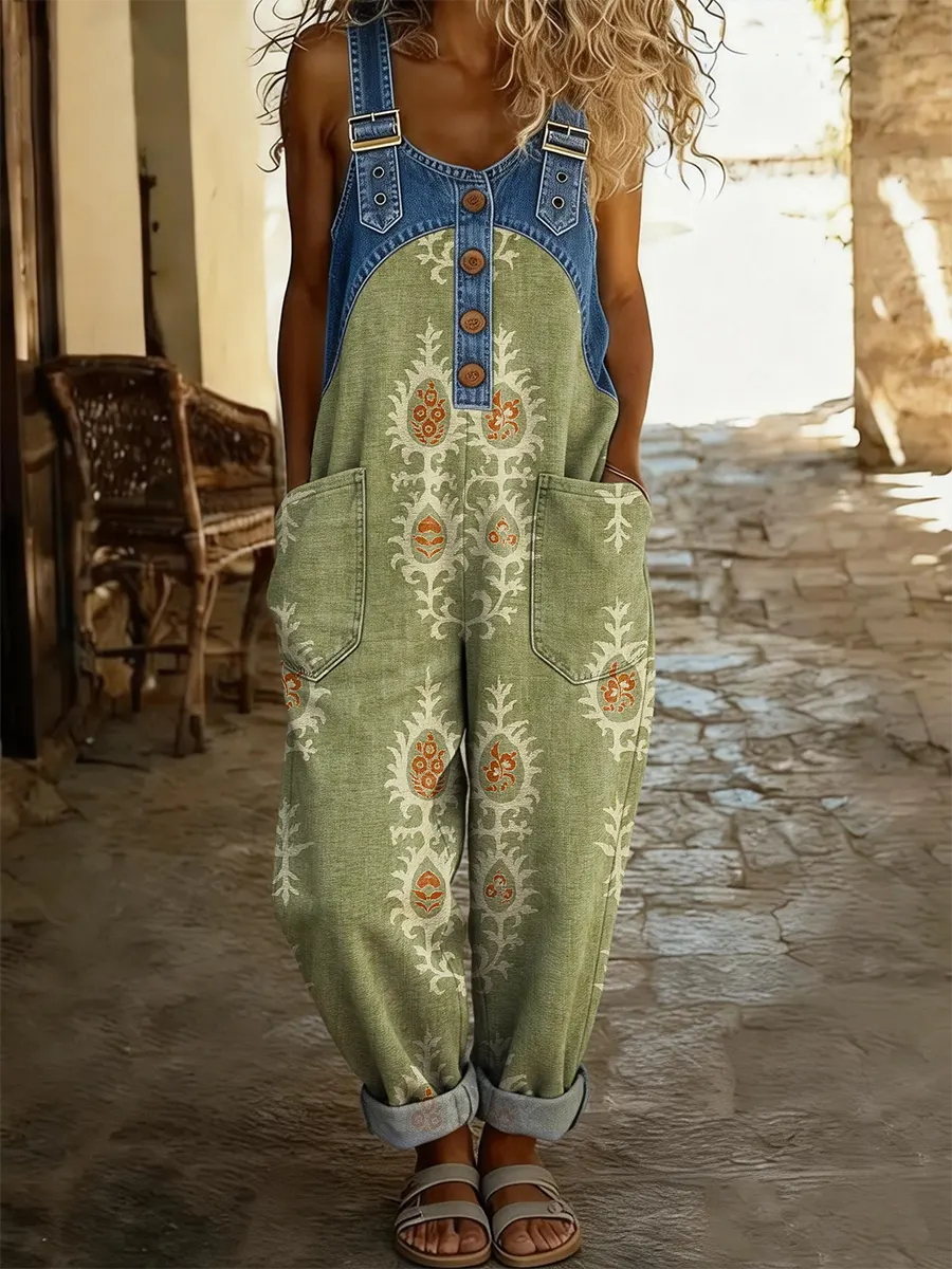 Ethnicity Totem Pattern Light Green Women's Casual Washed Cotton Denim Patchwork Jumpsuit